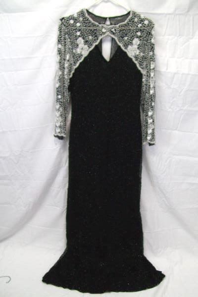 Black White Beaded Formal Holiday Evening Gown Size Small by LAURENCE KOZAR