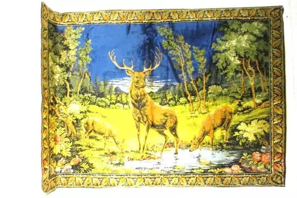 Vintage Carpet Tapestry Deer Forest Pine Cone Outline 49" X 70.75"