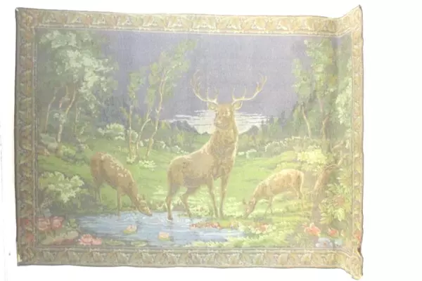 Vintage Carpet Tapestry Deer Forest Pine Cone Outline 49" X 70.75"