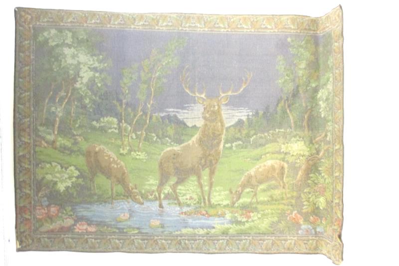 Vintage Carpet Tapestry Deer Forest Pine Cone Outline 49" X 70.75"