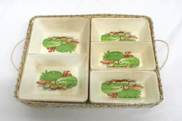 Vintage Porcelain Vegetable Tray Inserted In Wicker Basket Gold Trim 4 Pcs
