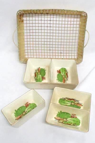 Vintage Porcelain Vegetable Tray Inserted In Wicker Basket Gold Trim 4 Pcs