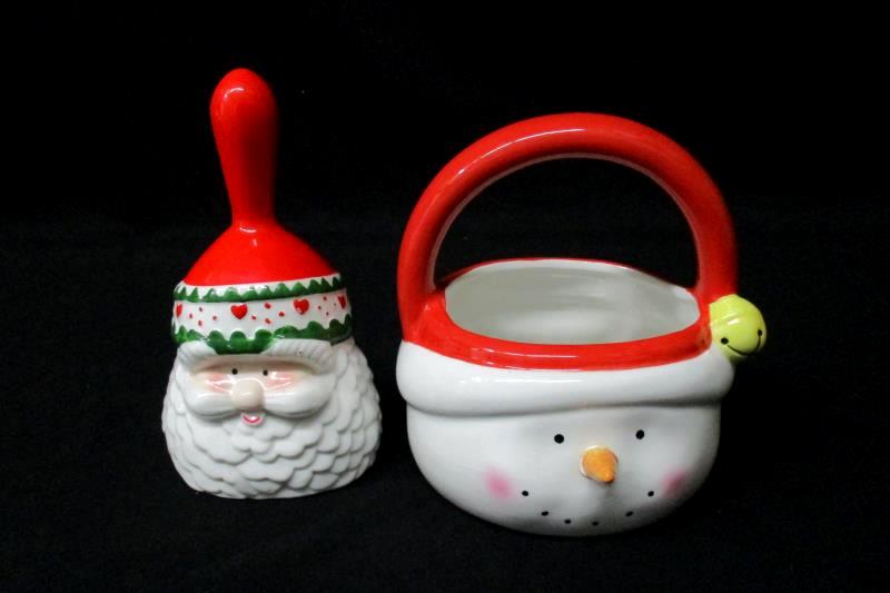 Ceramic Santa Christmas Bell And Hallmark Snowman Candy Dish Holiday Collections