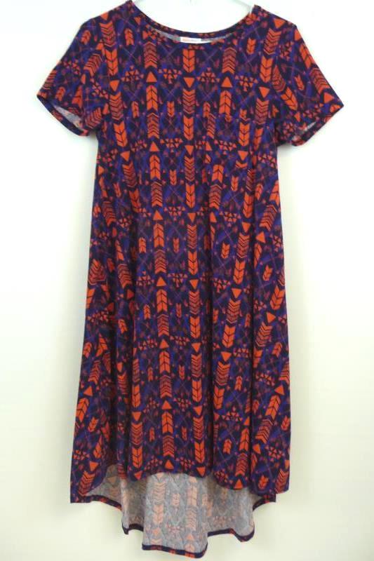 LuLaRoe Carly Dress XS Blue Coral Tribal Design Hi-Lo Short Sleeve