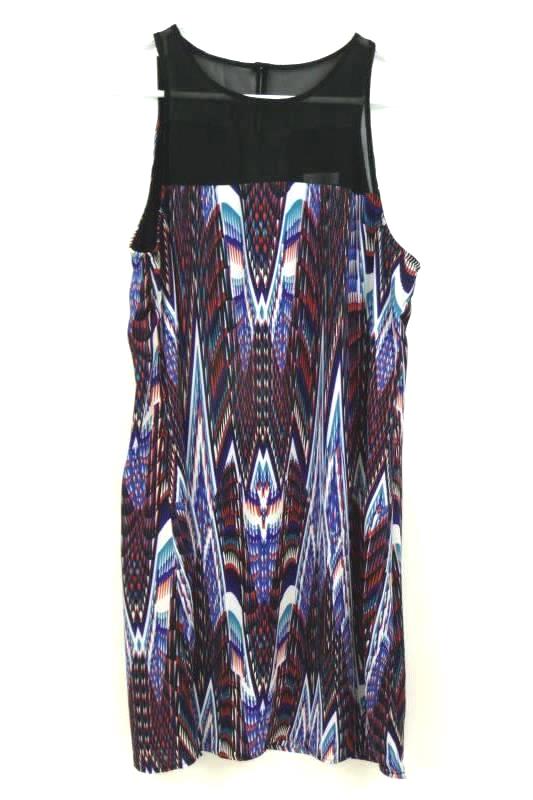 Bisou Bisou Women's Black Multi Print Sleeveless Short Dress Illusion Neck Sz 12