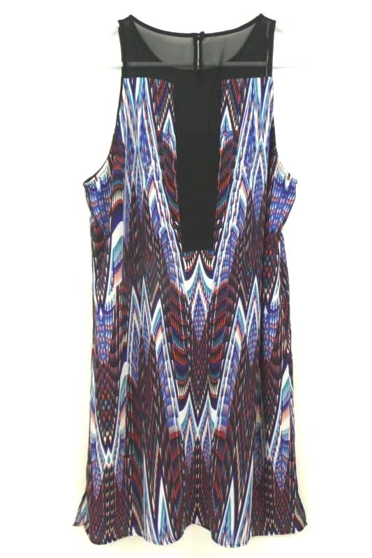Bisou Bisou Women's Black Multi Print Sleeveless Short Dress Illusion Neck Sz 12