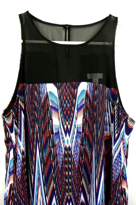 Bisou Bisou Women's Black Multi Print Sleeveless Short Dress Illusion Neck Sz 12