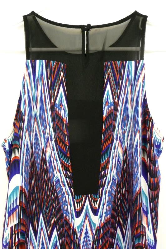 Bisou Bisou Women's Black Multi Print Sleeveless Short Dress Illusion Neck Sz 12