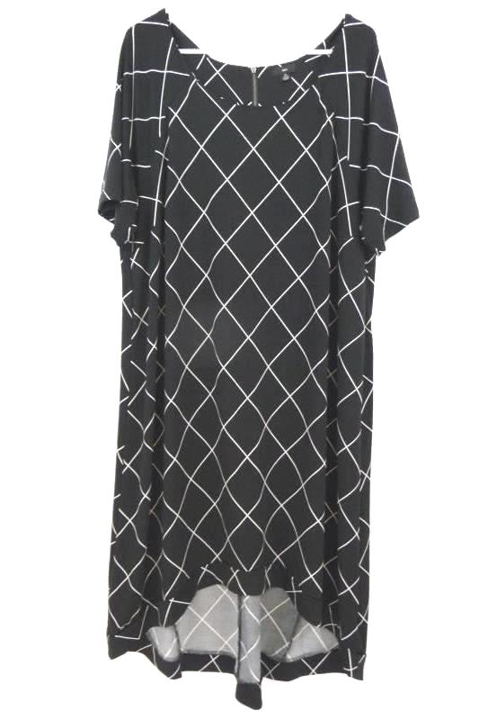 Ellos Women's Black White Diamond Shift Dress Midi Hi-Lo Hem Sz M 14/16
