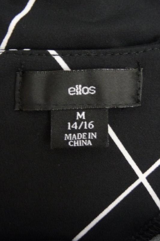 Ellos Women's Black White Diamond Shift Dress Midi Hi-Lo Hem Sz M 14/16