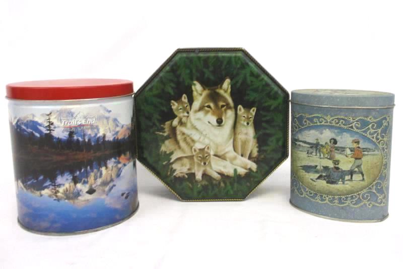 Lot of 3 Collectible Tins Alaska Wolves Seaside Sweets Trails End Popcorn