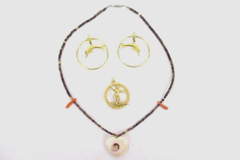 Lot of 3- Sea Shell Necklace & Surfer Pendant & Dolphin Earrings