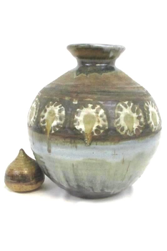 Lidded Drip Glaze Pottery Vase Brown Deco with Lid Stopper