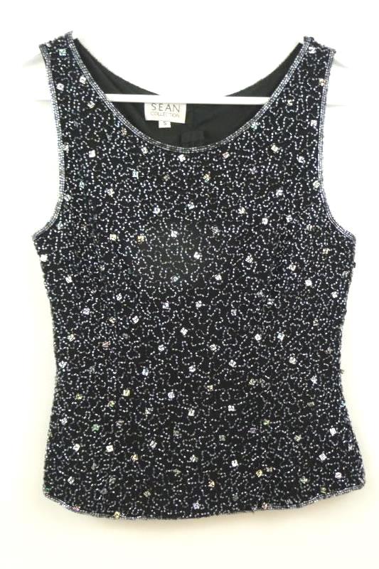 Sean Collection Women's Black Beaded Sleeveless Evening Top Silk Formal Size S