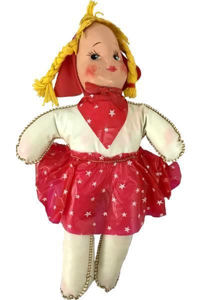 Vintage Cowgirl Baby Doll Toy 10.5" Tall Red & Stars Plush Plastic