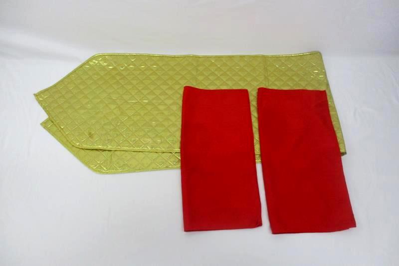 Lot Of 3 Table Runner Gold Metallic Polyester 72 inch and 2 Red Cloth Napkins