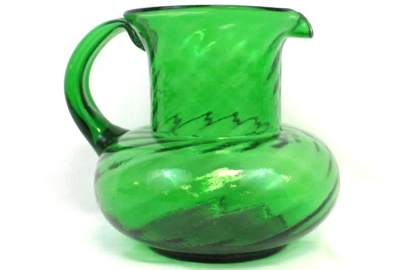 Green Glass Pitcher Medium Size Round Swirl Design With Handle Art Decorative