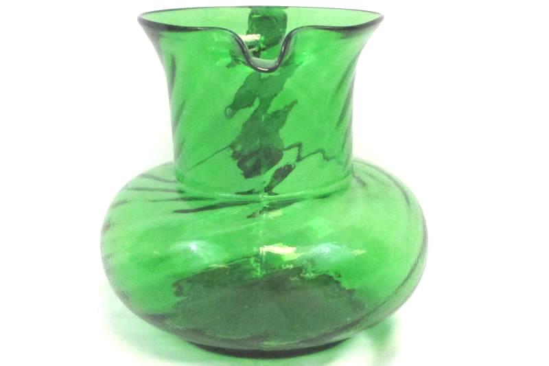 Green Glass Pitcher Medium Size Round Swirl Design With Handle Art Decorative