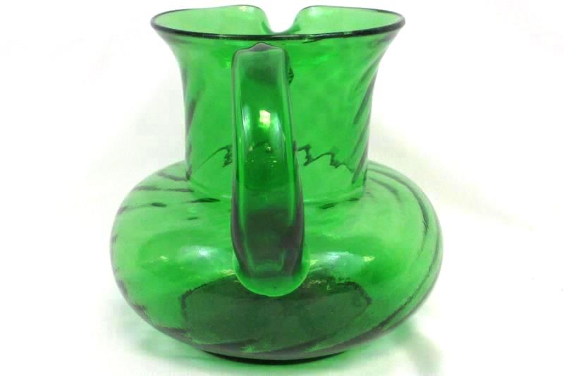 Green Glass Pitcher Medium Size Round Swirl Design With Handle Art Decorative