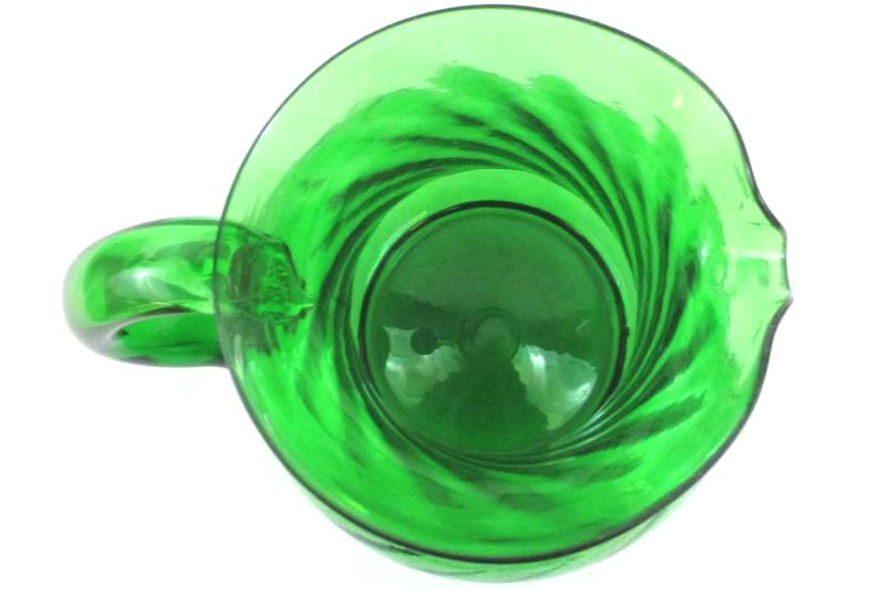 Green Glass Pitcher Medium Size Round Swirl Design With Handle Art Decorative