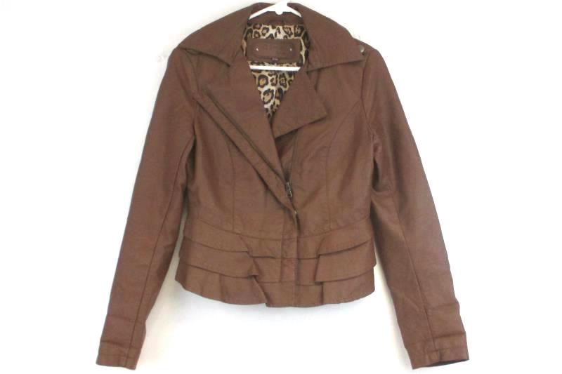 Ci Sono By Cavalini Women's Faux Leather Moto Jacket Brown Ruffle Hem Sz S