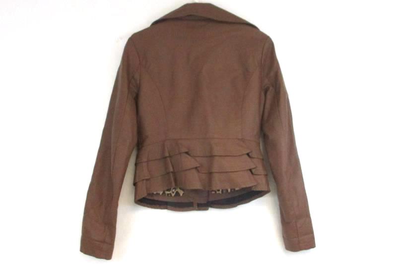 Ci Sono By Cavalini Women's Faux Leather Moto Jacket Brown Ruffle Hem Sz S
