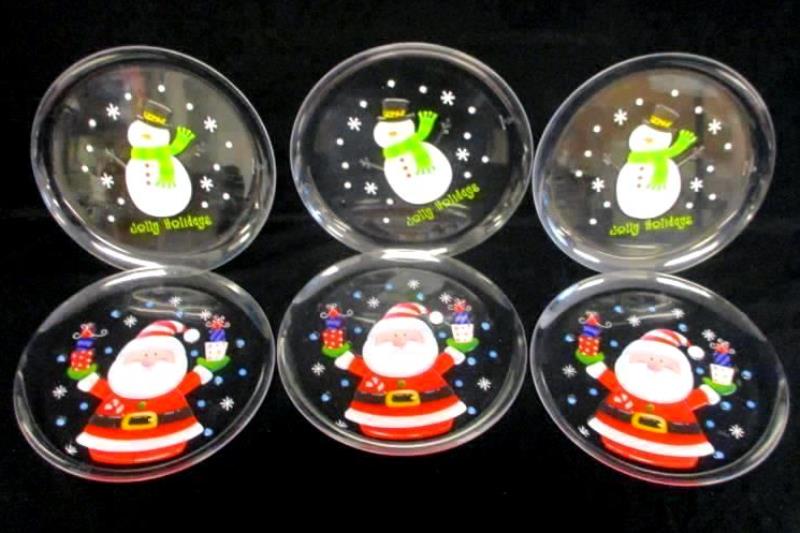 Lot of 6 Clear Polystyrene Christmas Snack Trays Santa And Snowman 12" Diameter