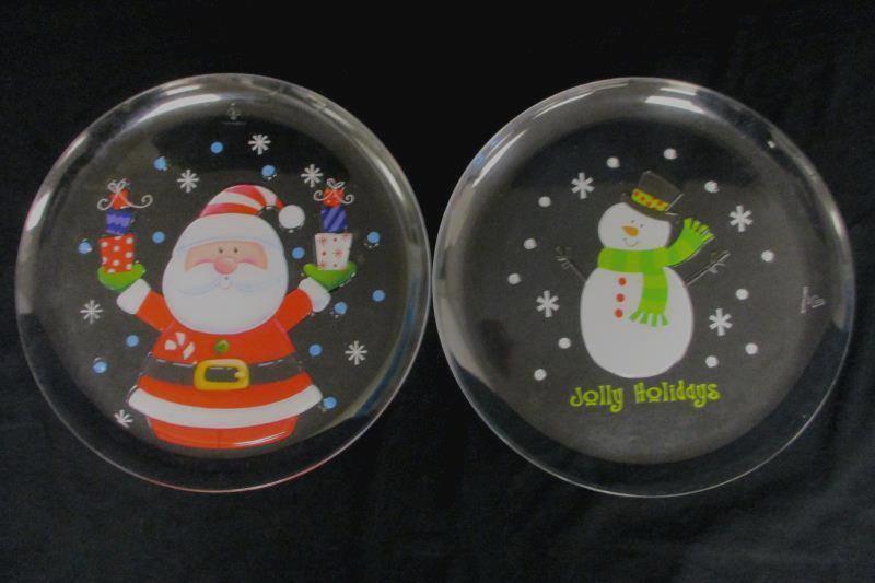 Lot of 6 Clear Polystyrene Christmas Snack Trays Santa And Snowman 12" Diameter