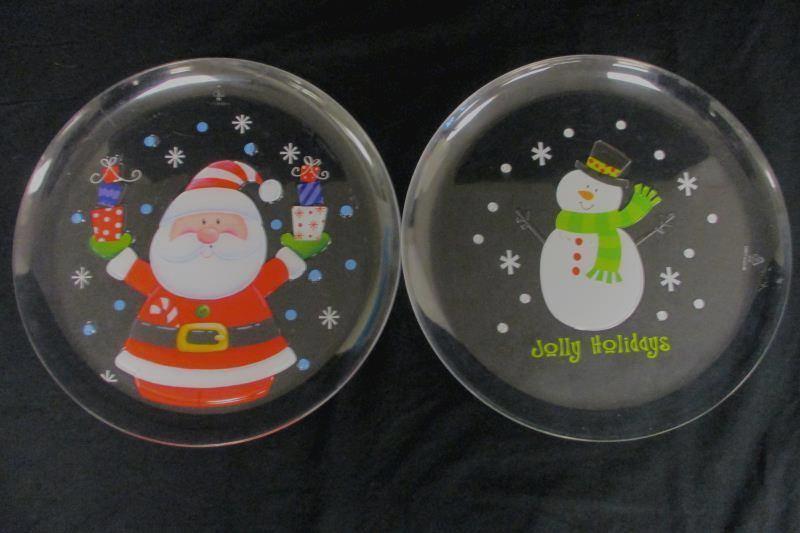 Lot of 6 Clear Polystyrene Christmas Snack Trays Santa And Snowman 12" Diameter