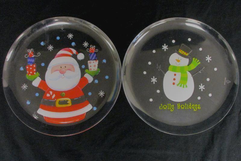 Lot of 6 Clear Polystyrene Christmas Snack Trays Santa And Snowman 12" Diameter