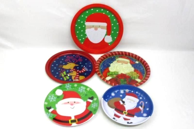 Lot of 5 Christmas Tin Snack Trays Melmac Plate Santa Reindeer Holiday Dishes