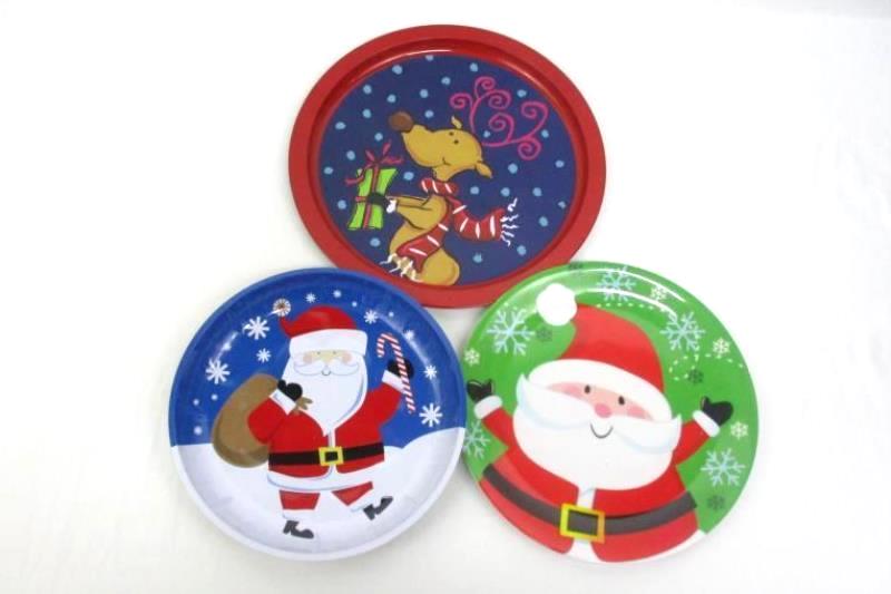 Lot of 5 Christmas Tin Snack Trays Melmac Plate Santa Reindeer Holiday Dishes