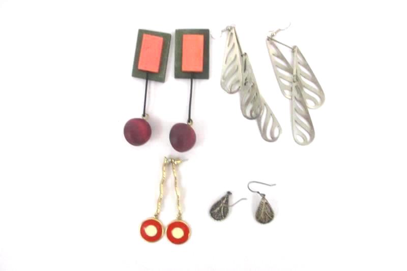 Lot of 4 Pairs Earrings Silver Gold Tone Pierced Wood Dangle Jewelry