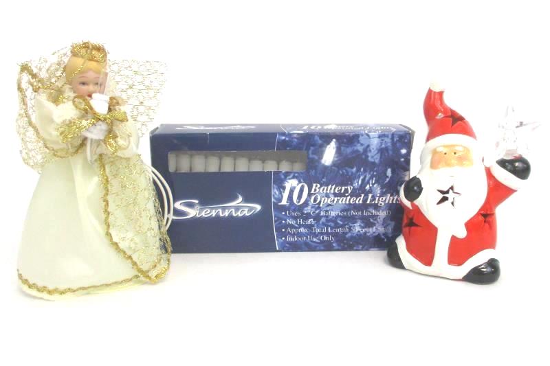 Three Lighted Christmas Ornaments Santa Figurine Angel Light Mini Light String