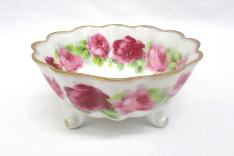 Vintage Footed Porcelain Bowl Rose Decor Gold Guild Trim