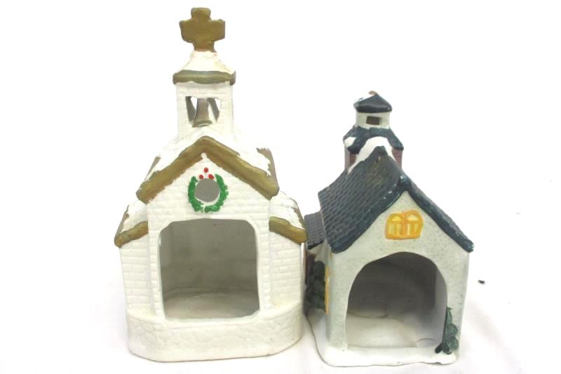 Lot of 2 Candle Holders Holiday Village School & Church Ceramic Tealight