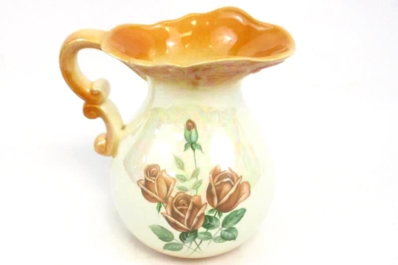 Vintage Orange Opalescent Ceramic Pitcher Floral Painted Medium Size