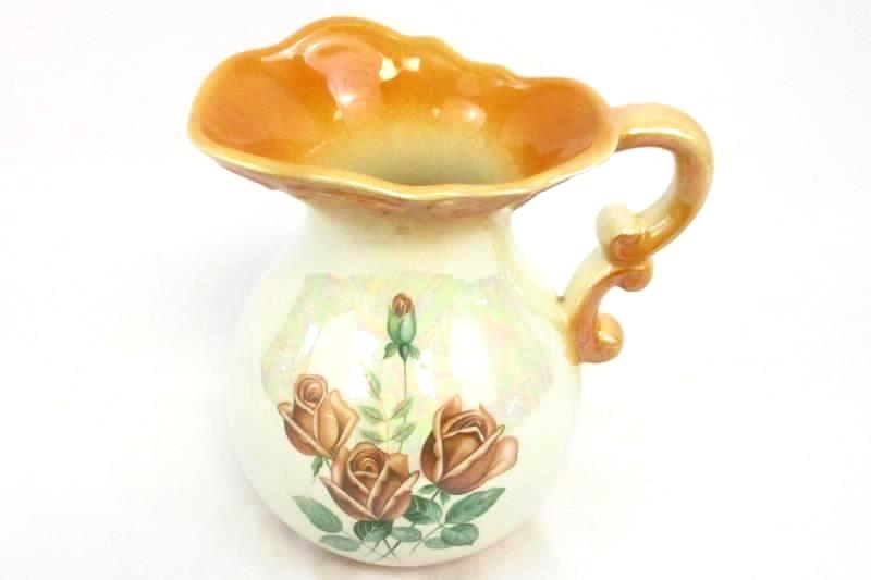 Vintage Orange Opalescent Ceramic Pitcher Floral Painted Medium Size