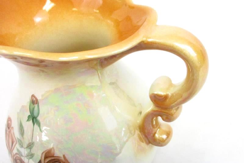 Vintage Orange Opalescent Ceramic Pitcher Floral Painted Medium Size