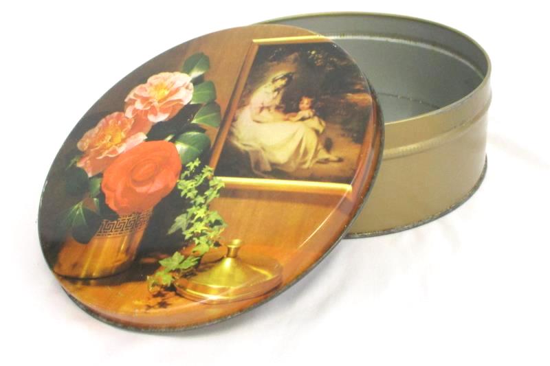 Vintage Atlantic Cookie Tin Roses Mother Child Portrait Round
