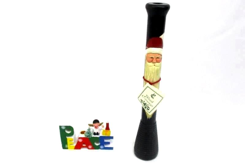 Two Carved Wood Christmas Taper Candle Holders Santa P-E-A-C-E