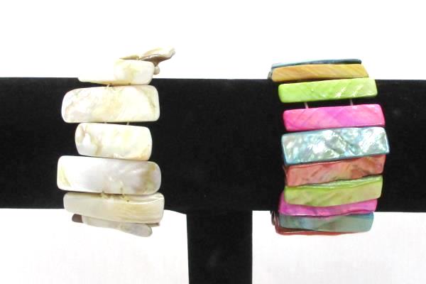 2 Abalone Shell Bracelets Multicolored & Opalescent Stretch Bangle Jewelry Wide