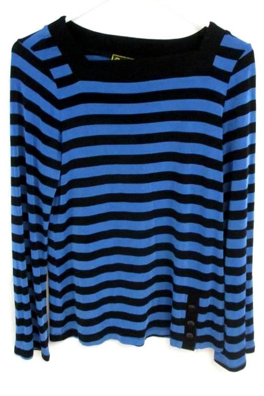 Mirasol Women's Travel Knit Blouse Top Blue Black Striped Button Hem Square Sz M