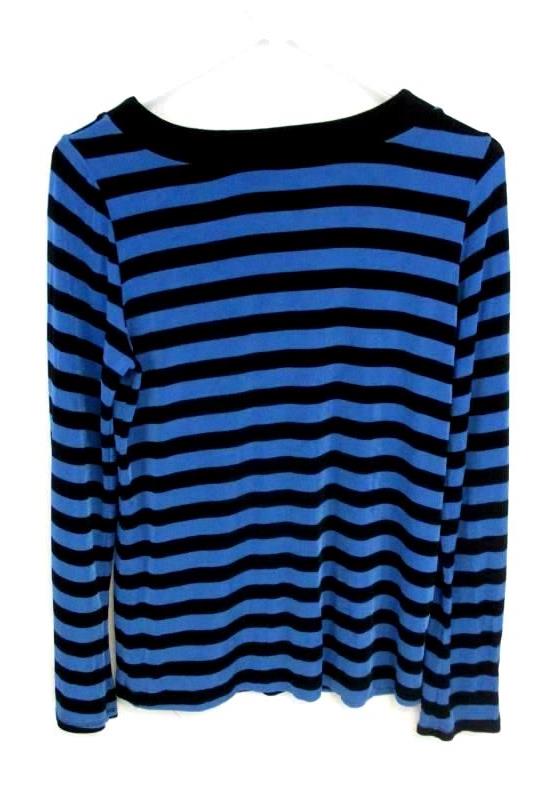 Mirasol Women's Travel Knit Blouse Top Blue Black Striped Button Hem Square Sz M