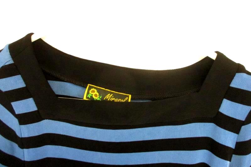 Mirasol Women's Travel Knit Blouse Top Blue Black Striped Button Hem Square Sz M