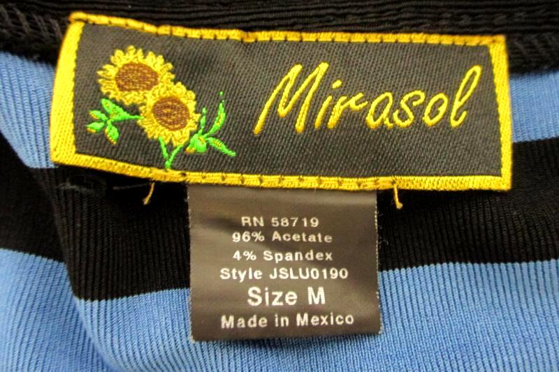 Mirasol Women's Travel Knit Blouse Top Blue Black Striped Button Hem Square Sz M