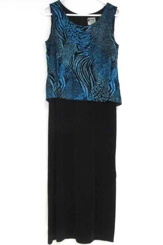 R&M Richards Petite Black Teal Glitter Evening Formal Dress Travel Knit Size 8P