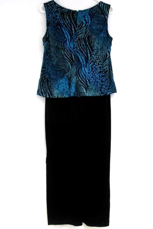 R&M Richards Petite Black Teal Glitter Evening Formal Dress Travel Knit Size 8P
