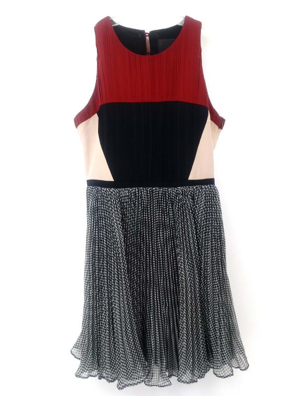 GREYLIN Dress Color Block Pleated Gingham Lined Red Black Tan White Women's XS