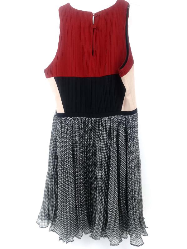 GREYLIN Dress Color Block Pleated Gingham Lined Red Black Tan White Women's XS